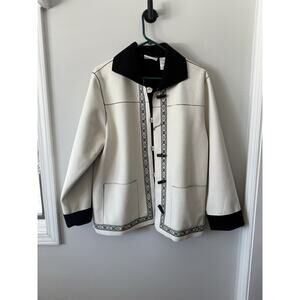 ALFRED DUNNER WHITE/BLK TRIM FAUX SUEDE FLEECE BUTTON JACKET Size 14 See Photos